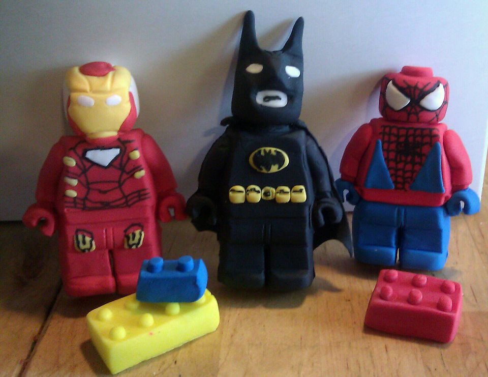 Fondant "LEGO Inspired" Super Hero Themed Mini Fig Cake Topper (set of 3, plus 8 bricks)